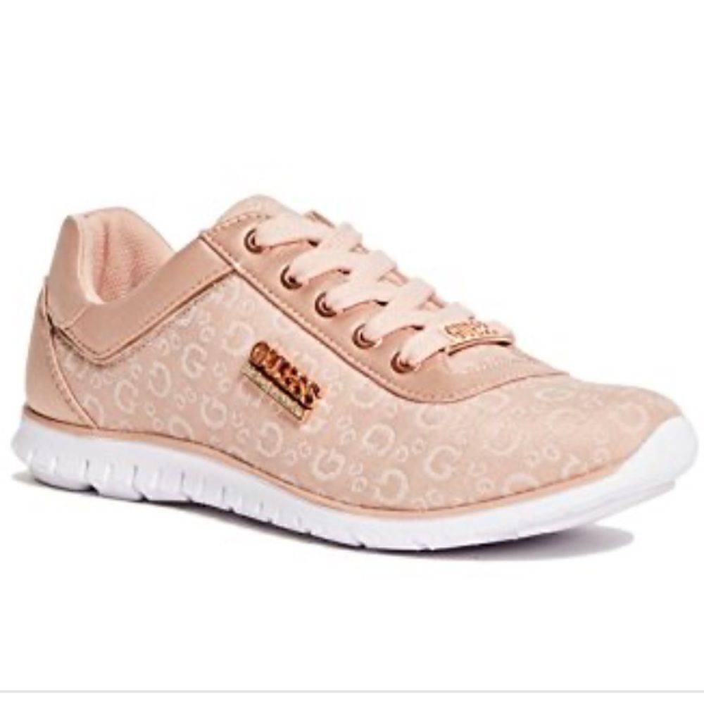 Guess Women Pink Gemma Low Top Logo Print Sneakers Metallic Accents Size 7.5 EUC